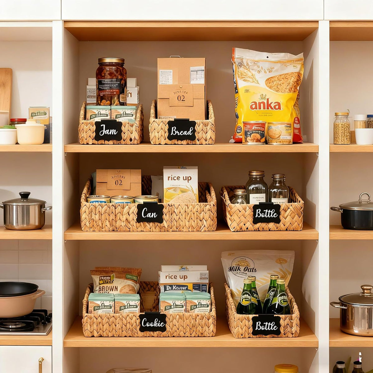 Pantry Baskets and Organizers, Large Wicker Baskets for Shelves, Handwoven Labeled Storage Basket for Organizing with Handles-Water Hyacinth Storage Bins, Boho Decorative, 3Pack, Natural - Field & Nook