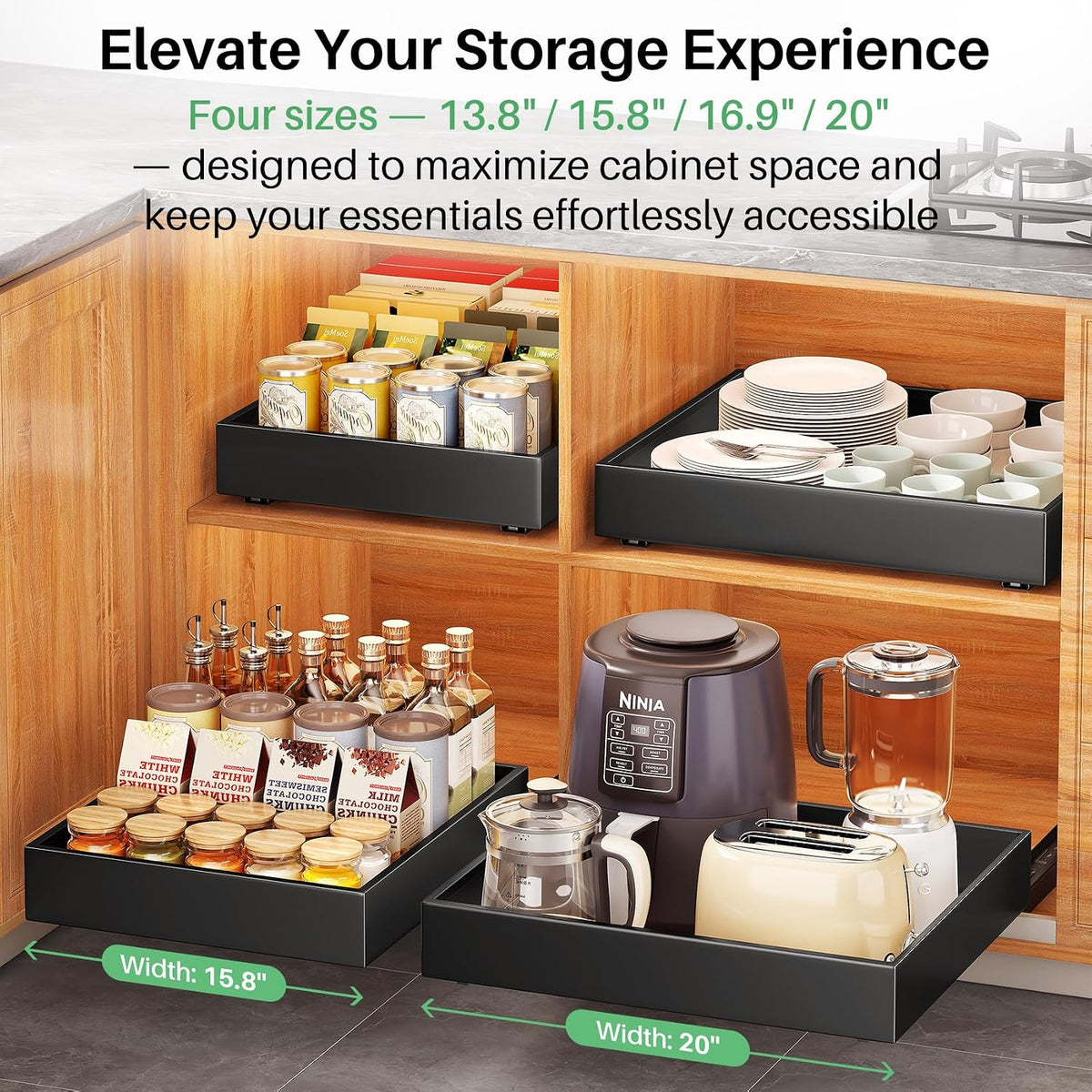 Pull out Cabinet Organizer, 21"Deep, 11.8"Wide Full-Extension Heavy Duty Slide out Drawers with Nano Adhesive, Roll Out Shelves Sliding Cabinet for Kitchen, Bathroom, Pantry,Under Sink Storage(Black) - Field & Nook