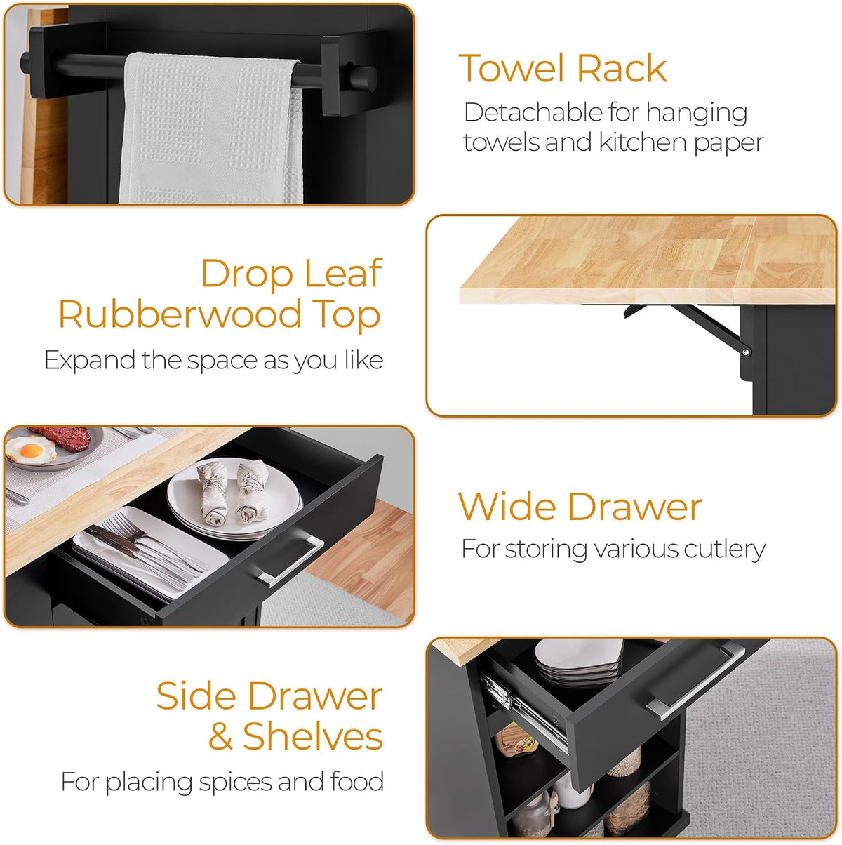 Rolling Kitchen Island Cart – Drop Leaf, Drawers, Cabinet & Towel Bar, Black