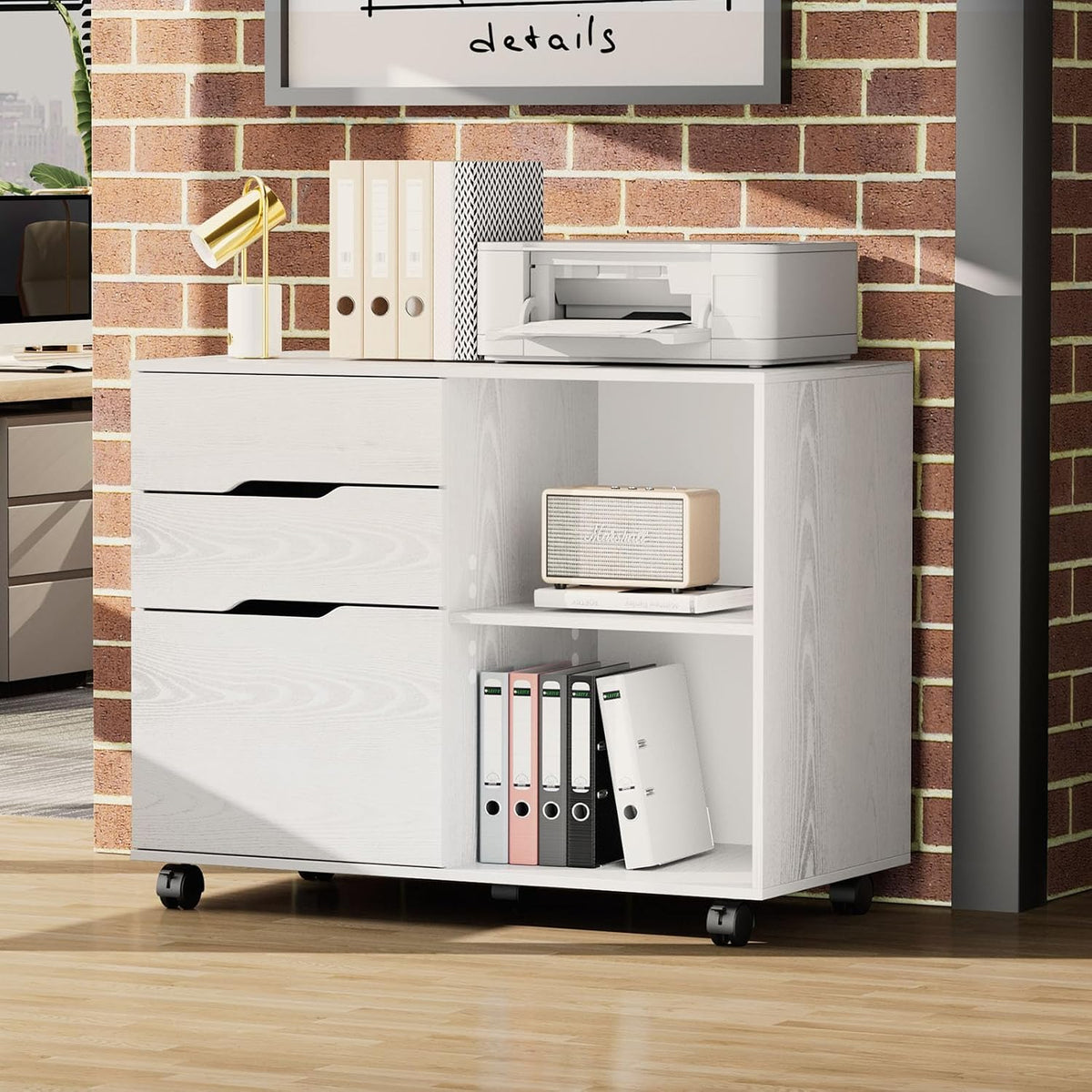 OLIXIS 3 Drawer Lateral File Cabinet, Rolling Printer Stand with Storage | Mobile Filing Cabinet Fits Under Desks, Holds A4/letter Files with Hanging Frame and Lockable Wheels, White - Field & Nook
