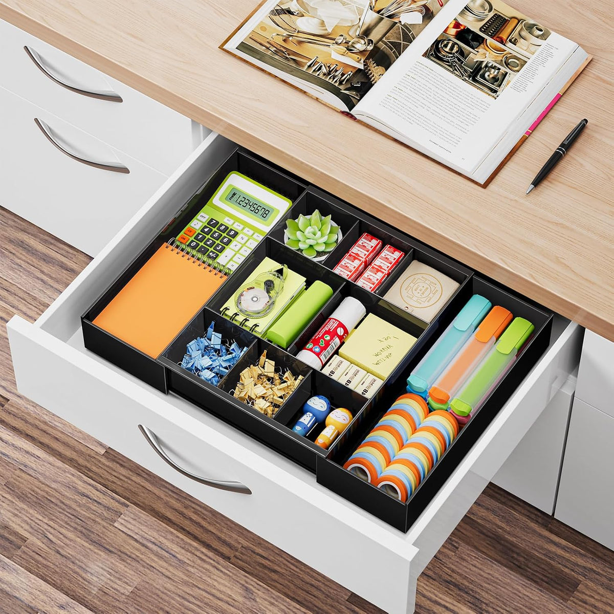 Marbrasse Expandable Desk Drawer Organizer, Clear Plastic Drawer Organizer Tray with 10 Adjustable Compartments, Desk Organizers and Accessories, 5 Drawer Dividers for Office Supplies, Makeup(Black) - Field & Nook