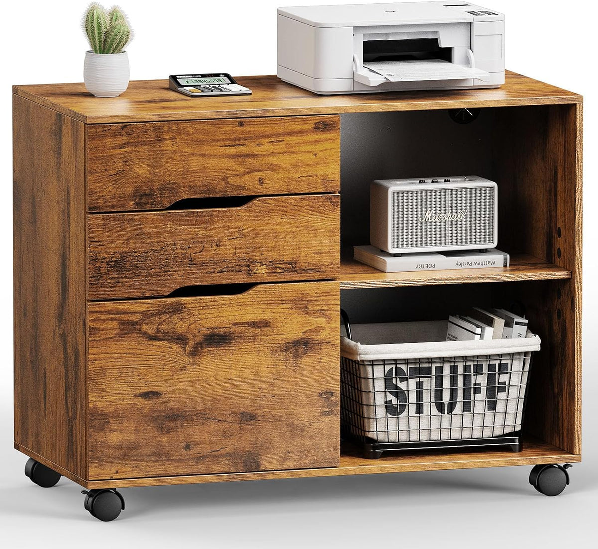 DUMOS File Cabinet with 3 Drawers, Wood Under Desk Storage Printer Stand | Rolling Lateral Filing Cabinet with Adjustable Shelves for Home Office Study Organization,Rustic - Field & Nook