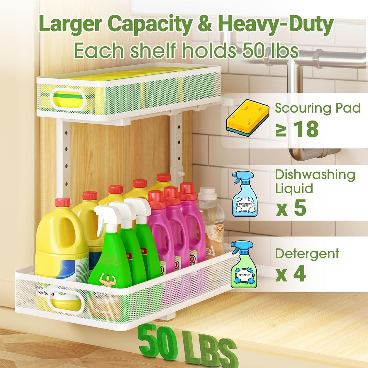 Under Sink Organizer 2-Pack, Metal 2-Tier Pull-Out Cabinet Shelf with Slide-Out Mesh Drawers, Height Adjustable, Space-Saving Under Sink Storage Racks for Kitchen, Bathroom, Laundry Room, White - Field & Nook