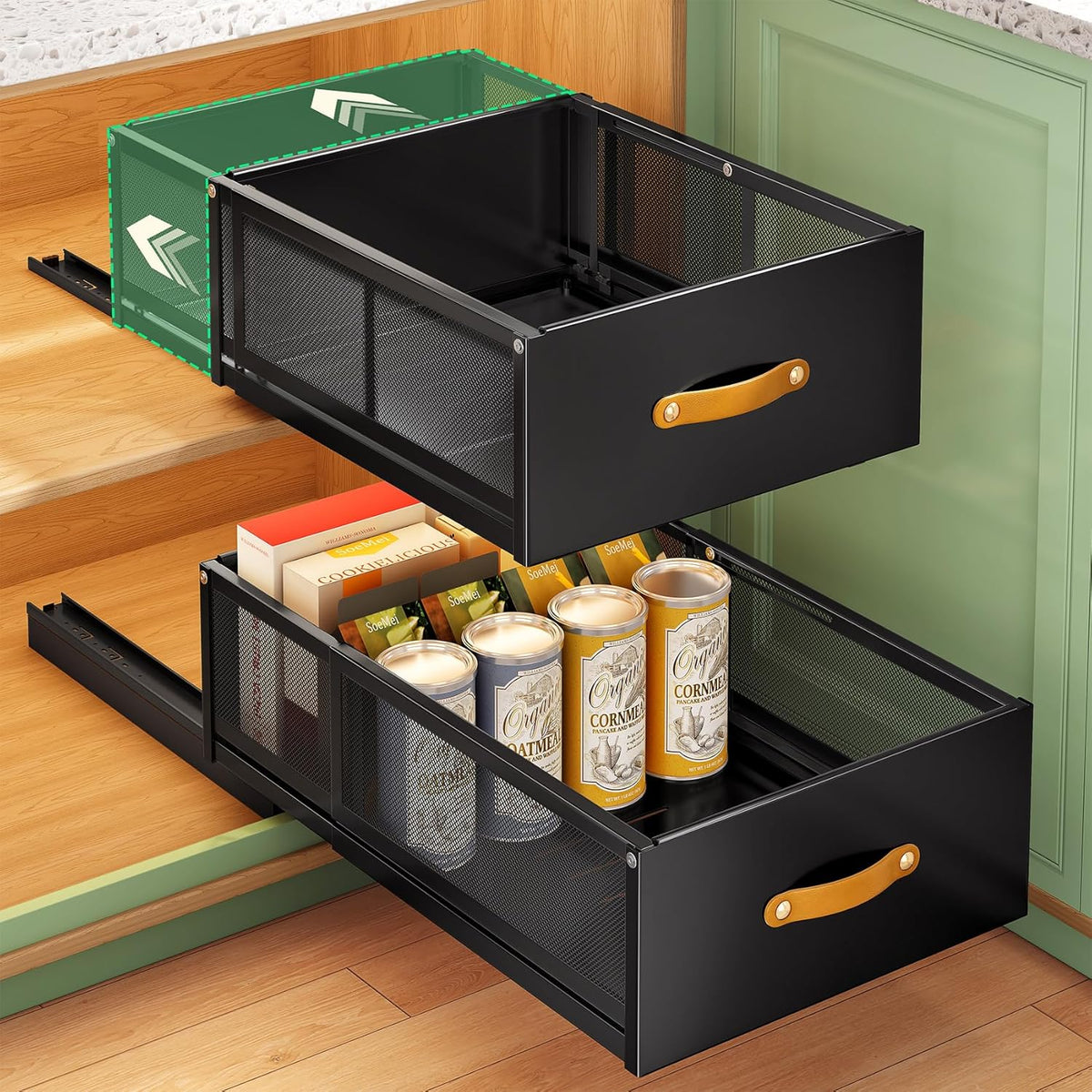 Pull out Cabinet Organizer, 2-Pack Expandable Depth(15.7"-21.7") with Raising Pad for Framed Cabinets, Heavy Duty Slide out Drawers,Roll Out Shelves for Kitchen, Pantry Organizers and Storage(Black) - Field & Nook