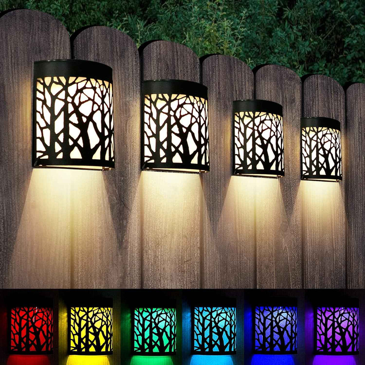 DenicMic Solar Wall Lights Outdoor Wall Sconce Fence Lights Solar Powered | 4 Pack, Mental Patio Front Door Yard Deck Stair House Led Forest Decorative Lamps, Waterproof, Warm White Color Changing
