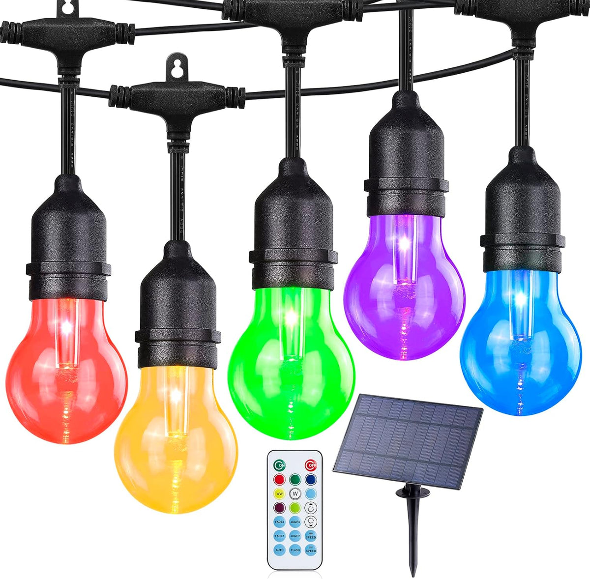 Auroraworld Outdoor String Lights RGB, 48FT Dimmable Patio String Lights with Shatterproof Edison Bulbs, Remote, Commercial Lights for Cafe, Patio, Yard, Party