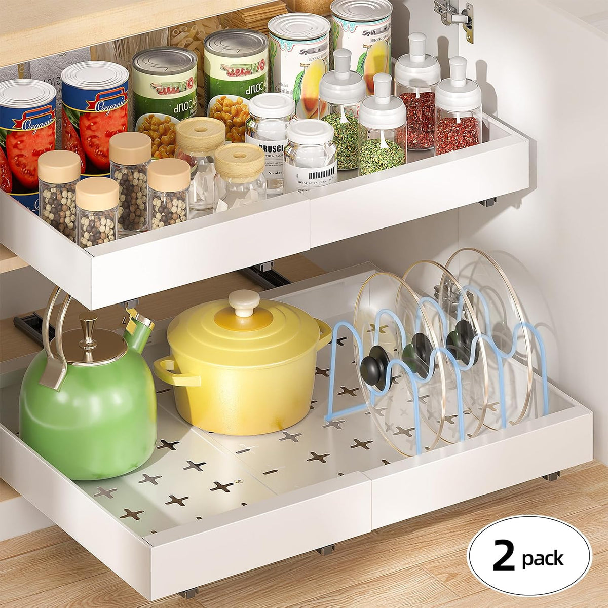 Delamu 2 Pack Pull Out Cabinet Organizer, 16" Deep, White