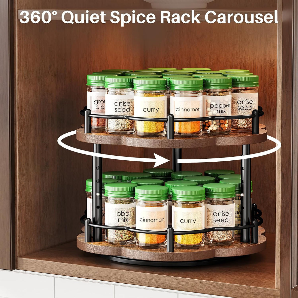 Spice Rack Lazy Susan Organizer for Cabinet, Rotating Spice Organization 2 Tier Adjustable Lazy Susan Turntable Spice Cabinet Organizer for Kitchen Countertop & Pantry, Wood 10 Inch Seasoning Storage - Field & Nook