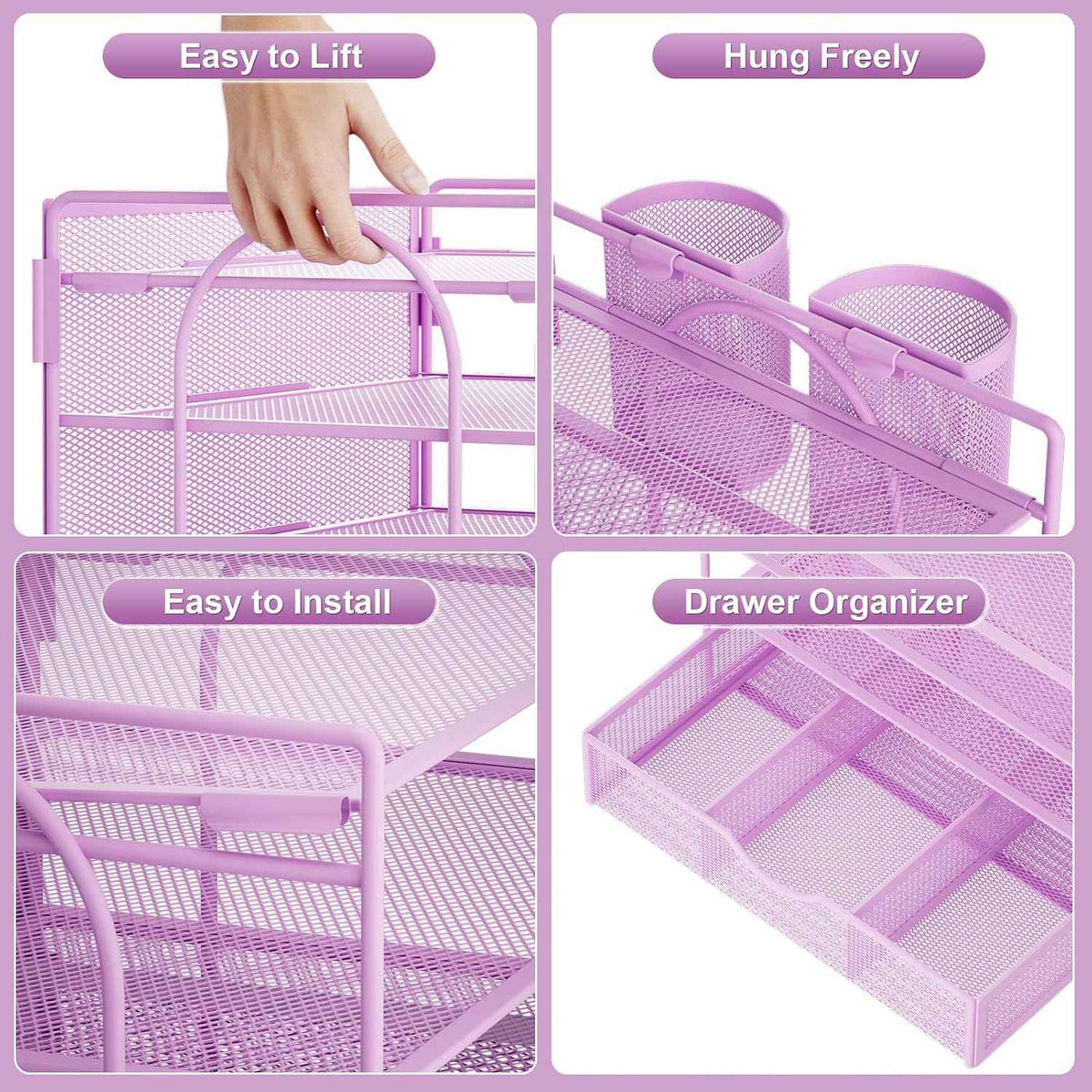 Marbrasse Desk Organizer, 4-Tier Paper File Letter Tray, Purple | Sturdy Paper Tray, File Holder, Built-in Drawer, 2 Pen Slots, fits Letters/Files, for School Home Office Supplies