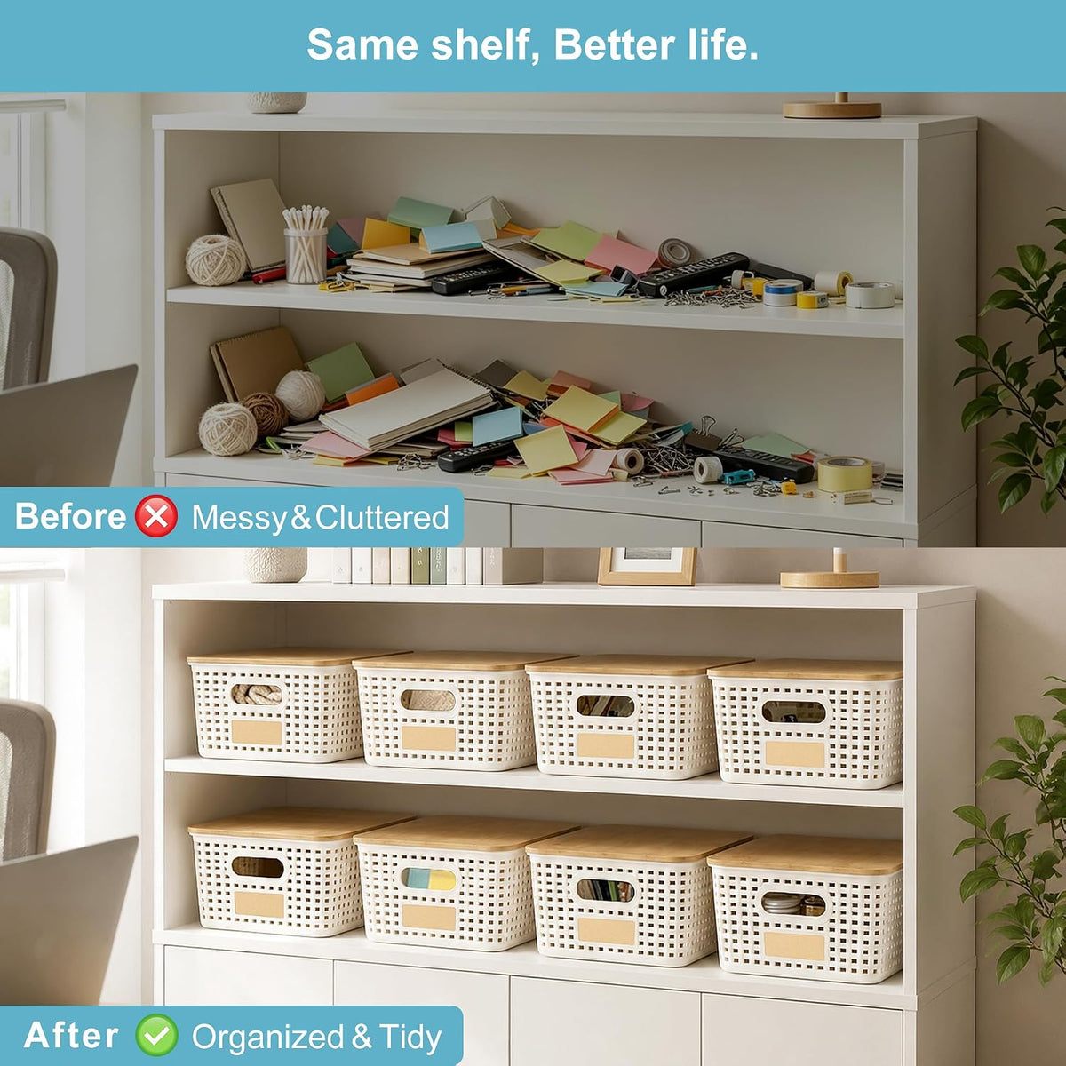 Small Plastic Storage Bins with Bamboo Lids 5.2qt Stackable Box Basket Pantry Decorative Containers Cute with Labels for Organizing Desktop Closet Office Cream White of 6 packs 10*7.2*4.1" - Field & Nook