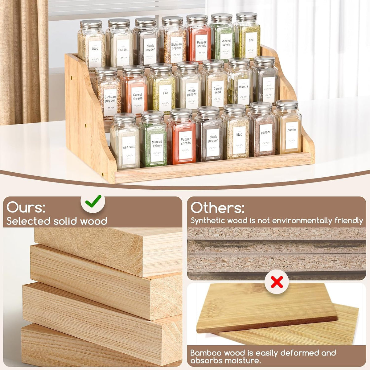 Tiered Spice Rack Organizer for Cabinet, Wooden Spice Rack for Countertop, Spice Shelf organizer Spice Organization for Cabinet - Field & Nook