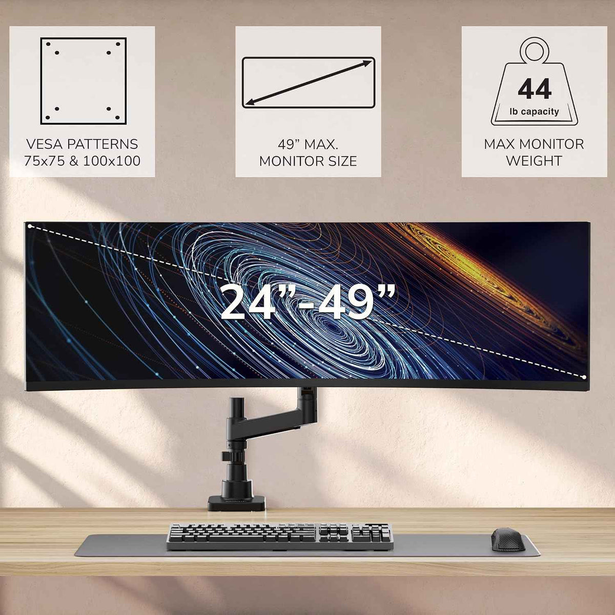 Mount-It! Ultrawide Monitor Desk Mount with Pole, Fits 17–49” Screens, Heavy Duty Height-Adjustable Gas Spring Arm, 44 lbs Capacity, Full Motion, VESA 75/100, Clamp or Grommet