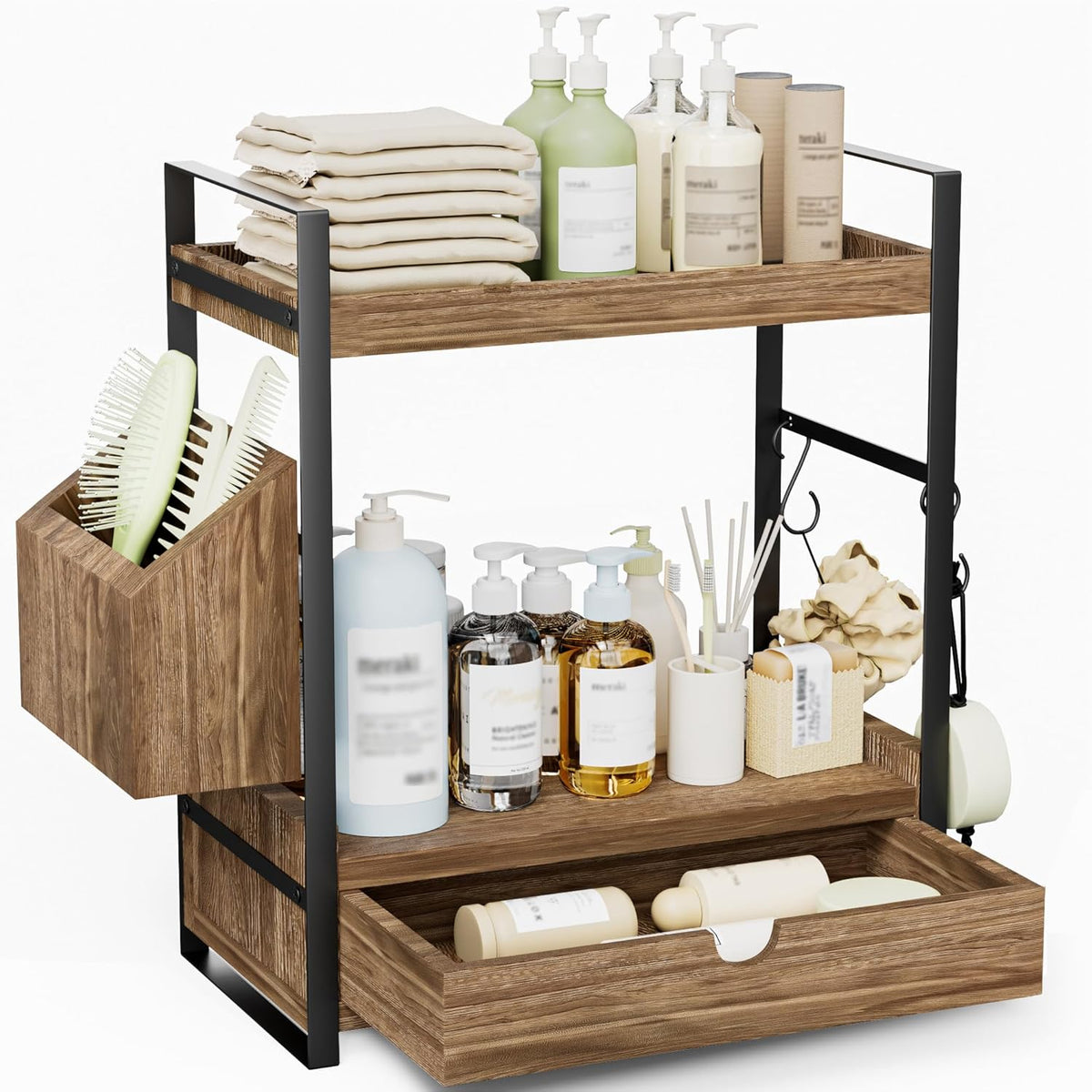 Two-Tier Bathroom Counter Organizer – Wood Shelf with Drawer & Basket