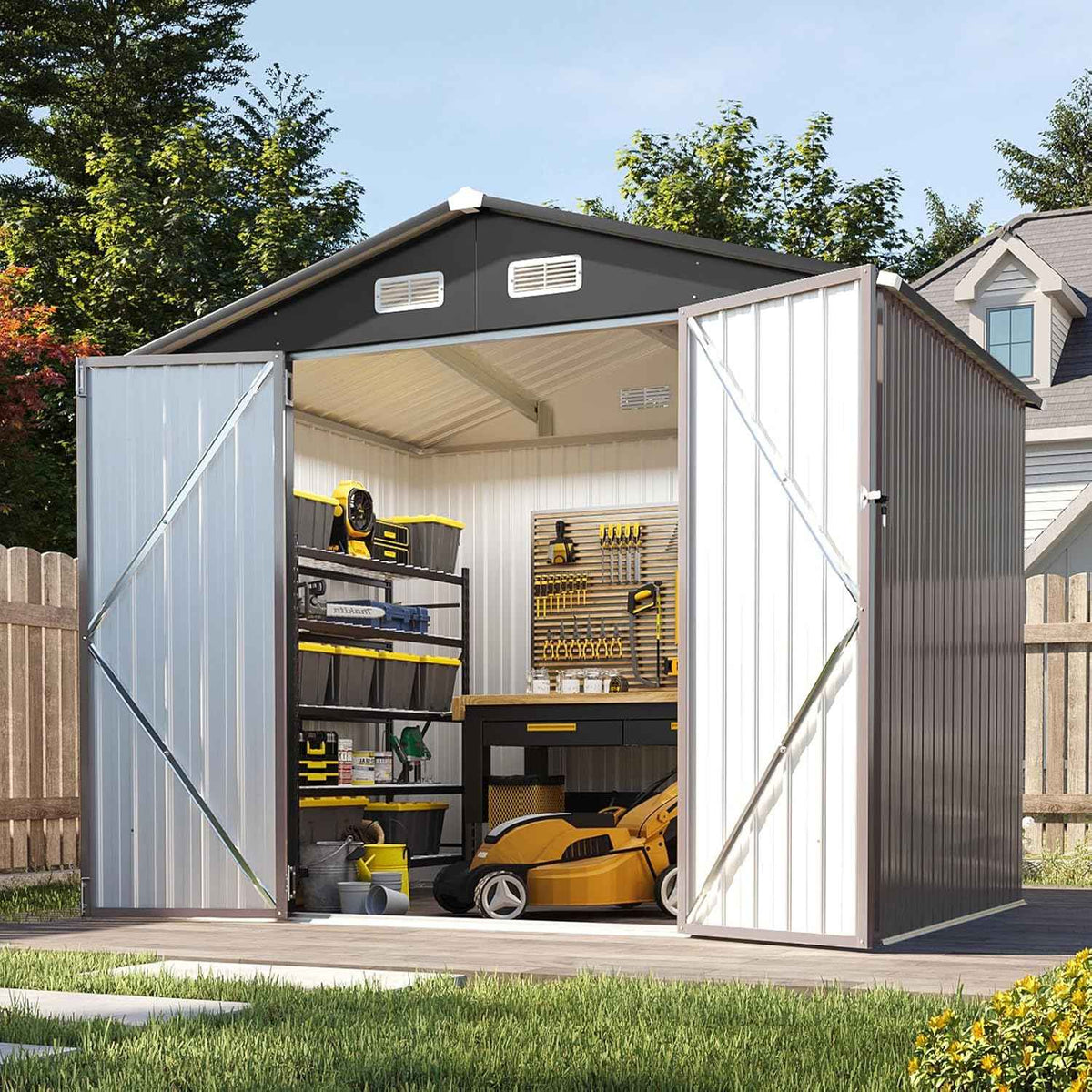 Aoxun 7x5 FT Outdoor Storage Shed Garden Metal Shed with Lockable Door Outdoor Large Shed for Tool, Garbage Can, Bike, Mower, Brown