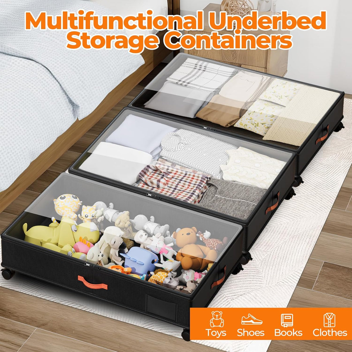 Under Bed Storage with Wheels,2-Pack Under Bed Storage Containers with Clear Lids,XXL Large Under the Bed Storage Organizer Bins With Handles,Space Saving Design for Clothes,Shoes,Books-Black - Field & Nook