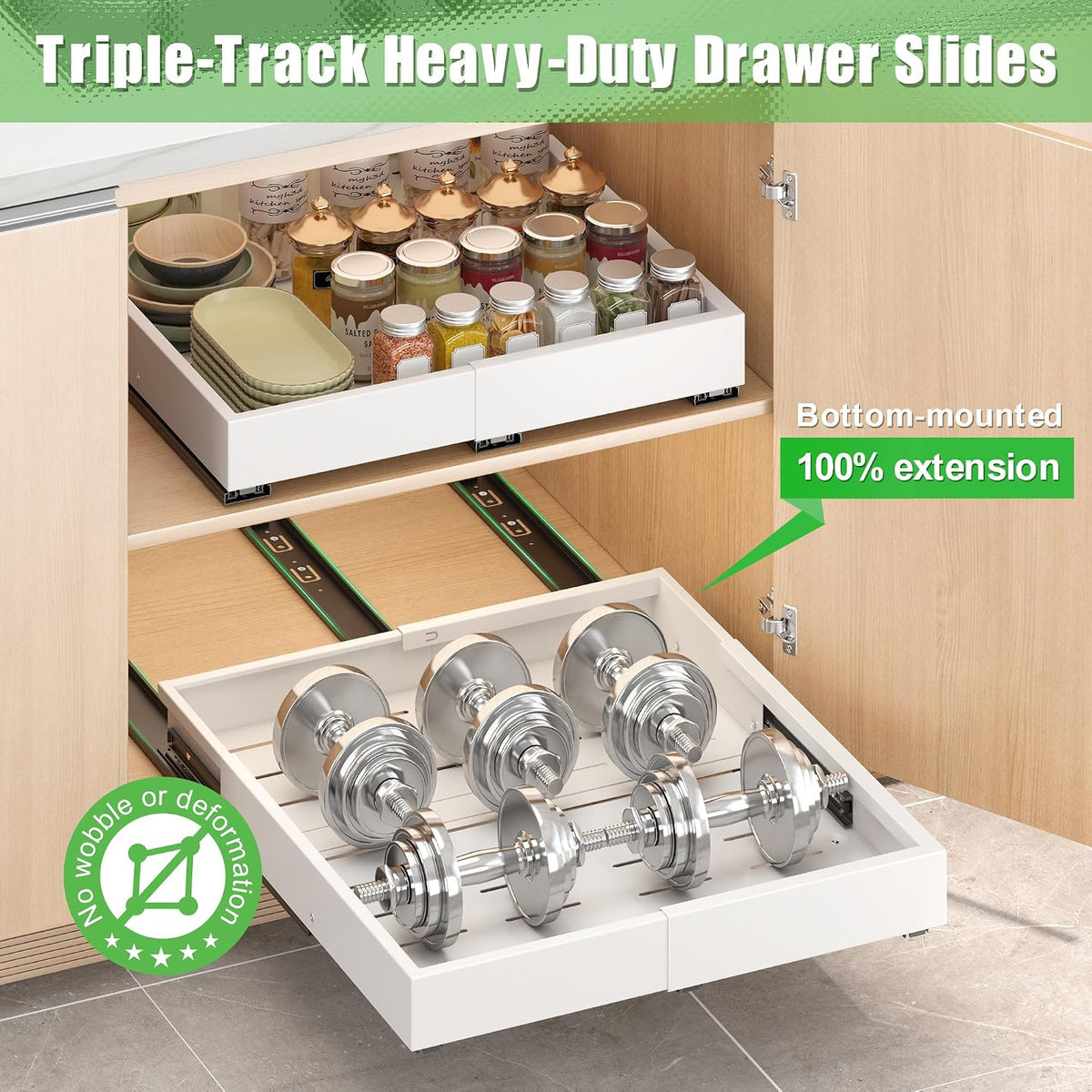1 Pcs Pull Out Drawers for Cabinets Organizer Expandable Width(11.8"-19.4"), Depth(16.45"-21.7") With 3 Rails, No Drill Roll Out Drawer, Adhesive Sliding Drawers - Field & Nook
