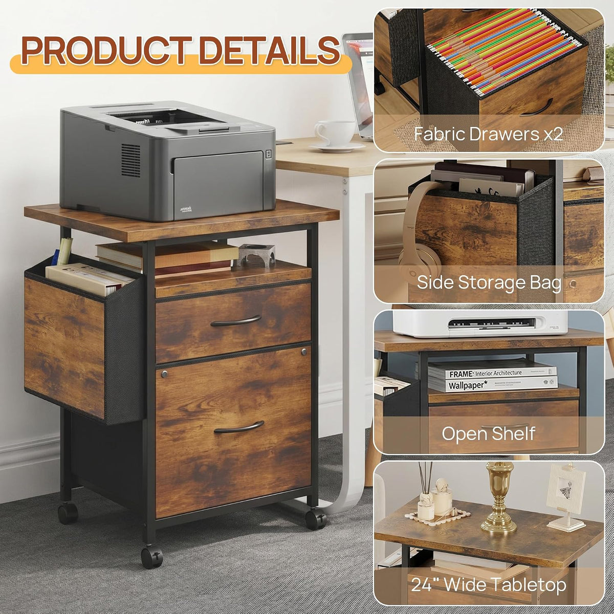 Alpen File Cabinets for Home Office, Small Printer Stand with Storage, Rolling Filing Cabinet with 2 Drawer and Side Storage Bag, Rustic Brown - Field & Nook