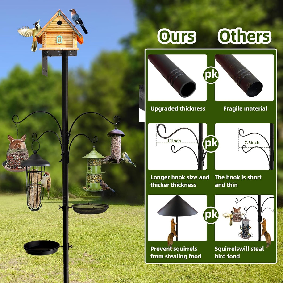 Bird Feeder Pole - 92 Inch Heavy Duty Birdhouse Stand with Squirrel Proof Baffle for Outdoor, Adjustable Bird Feeding Station with Multi Shepherds Hooks Mental Trays for Garden Attracting Wild Birds