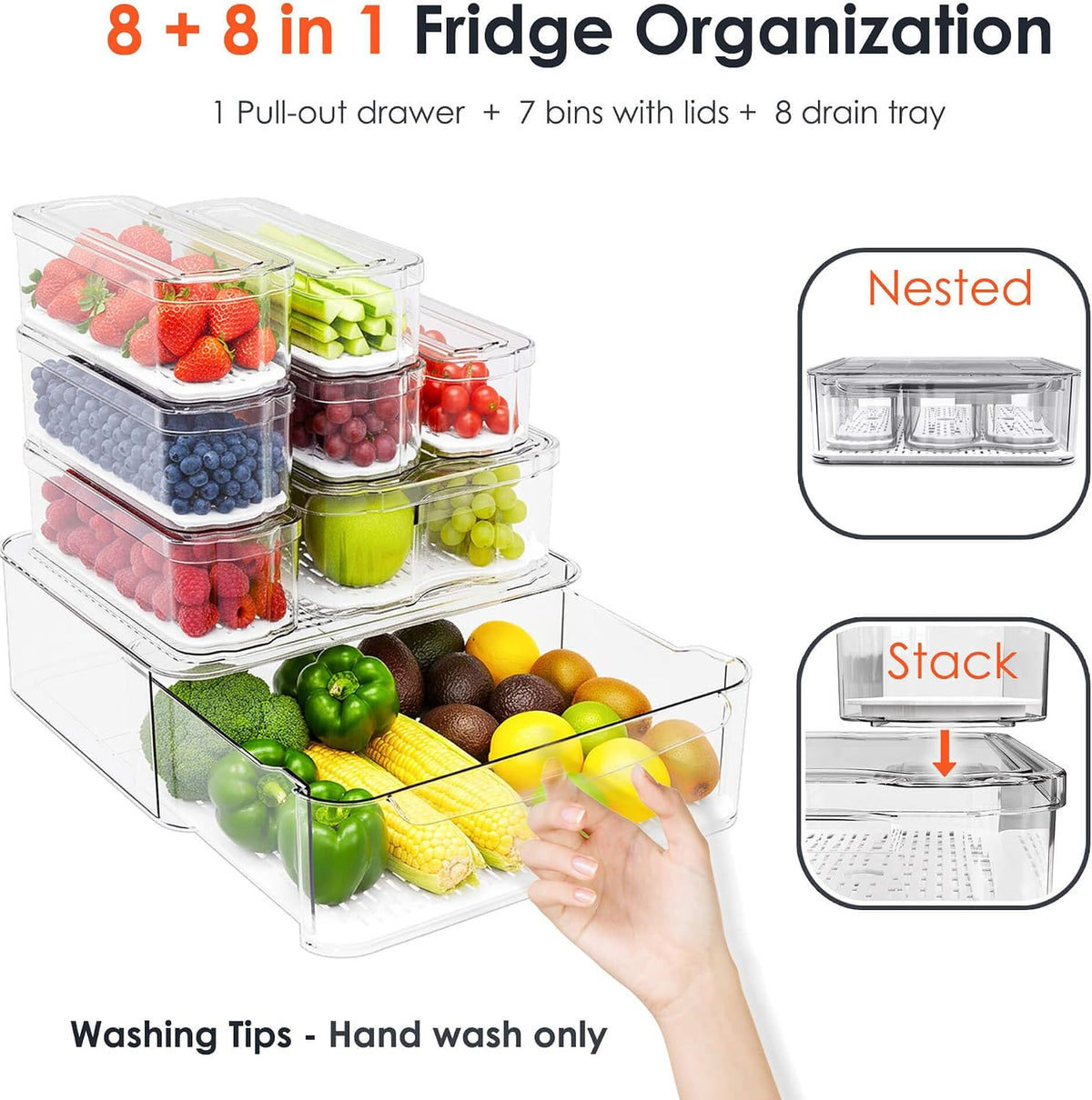 SMRCAD 8 Pack Clear Fridge Organizer Bins with Drain Trays - Stackable | BPA-Free PET, 8 Pack: 1 Drawer + 7 lidded Bins, Helps Keep Produce Fresh, 18.3L Capacity, Hand Wash Only - Field & Nook