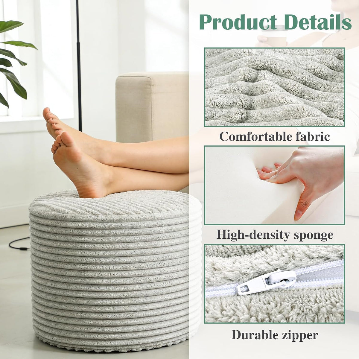 Round Boucle Pouf Ottoman – Lightweight Foam Footrest