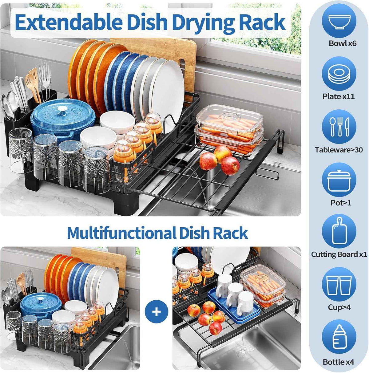 TOOLF Expandable Over-the-Sink Dish Drying Rack, 12.56"-23.97"L