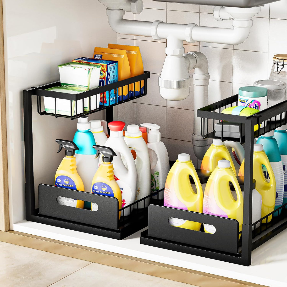 Under Sink Organizer and Storage, Slide Out Cabinet Organizer, Pull Out Sink Shelf for Kitchen Bathroom Laundry, 2 Pack Black - Field & Nook