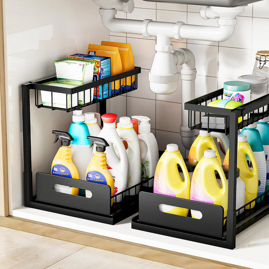 Under Sink Organizer and Storage, Slide Out Cabinet Organizer, Pull Out Sink Shelf for Kitchen Bathroom Laundry, 2 Pack Black - Field & Nook
