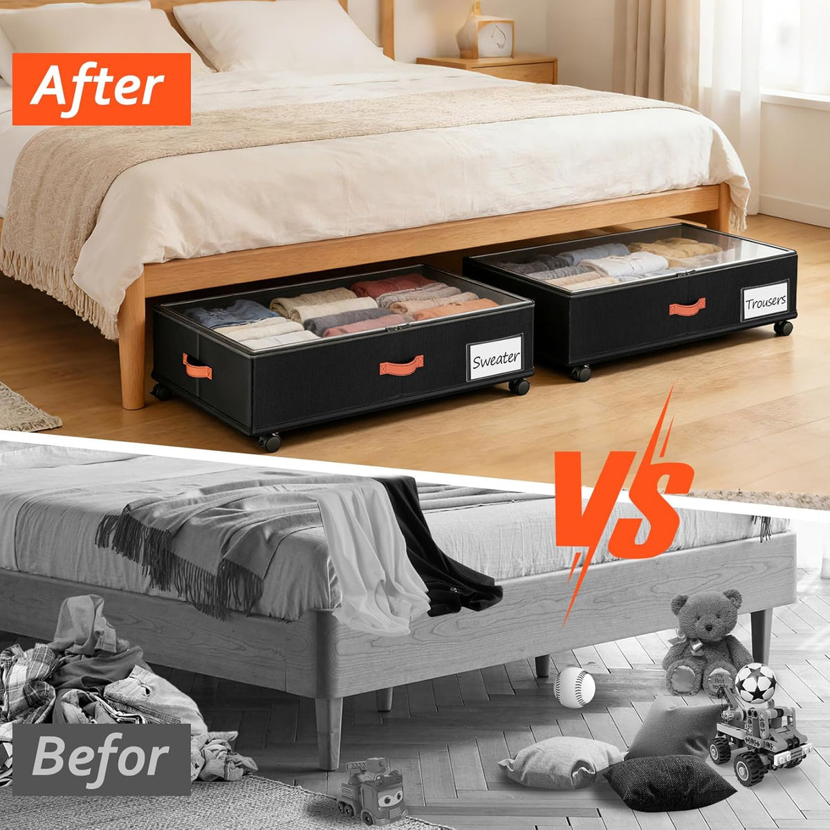 Under Bed Storage with Wheels 2-Pack, Under Bed Storage Containers 66L Clear Lids, Rolling Storage Drawers for Clothes Shoes Blankets, Underbed Organizer Bins(30" L x 16.2" W x 7.5" H) - Field & Nook