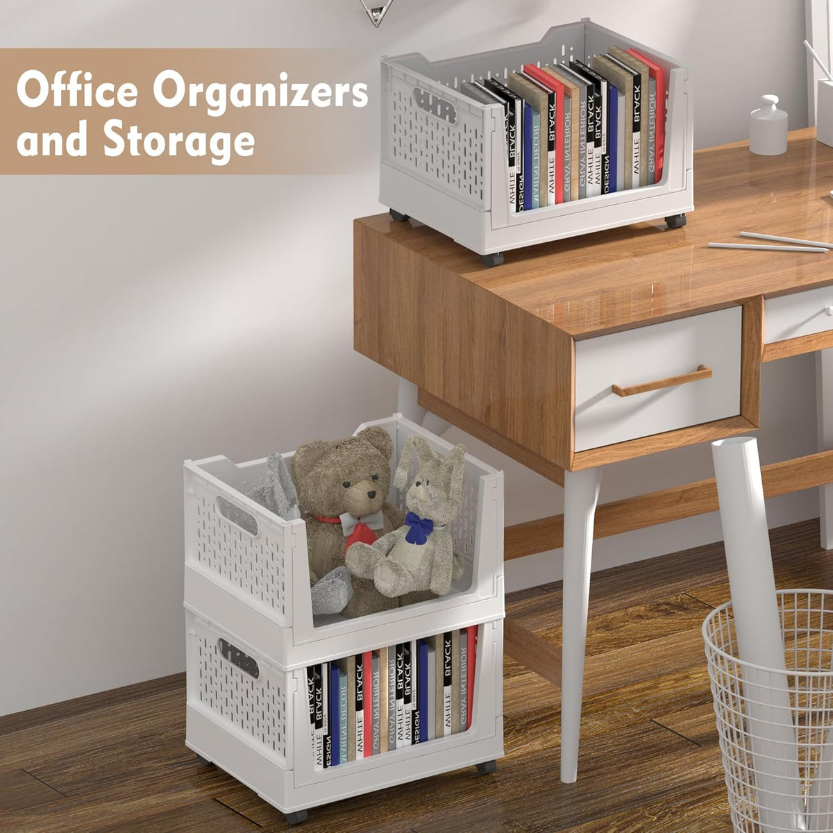 Stackable Plastic Storage Basket, 3 Pack Foldable Closet Organizers and Storage Bins with Wheels, Collapsible Drawer Shelf Storage Box Container for Office Bedroom Closet Wardrobe Kitchen Bathroom - Field & Nook