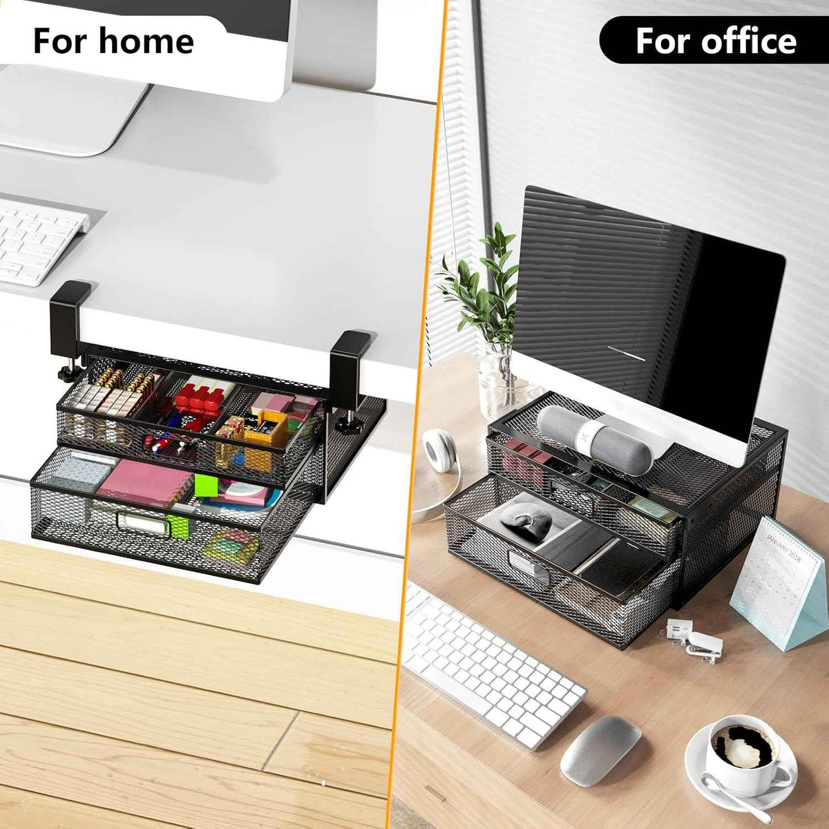 Under Desk Drawer Organizer No Drill Metal Under Desk Storage Drawer Container 2 Slide Out Cabinet Drawer Suitable for Home And Office (Medium)