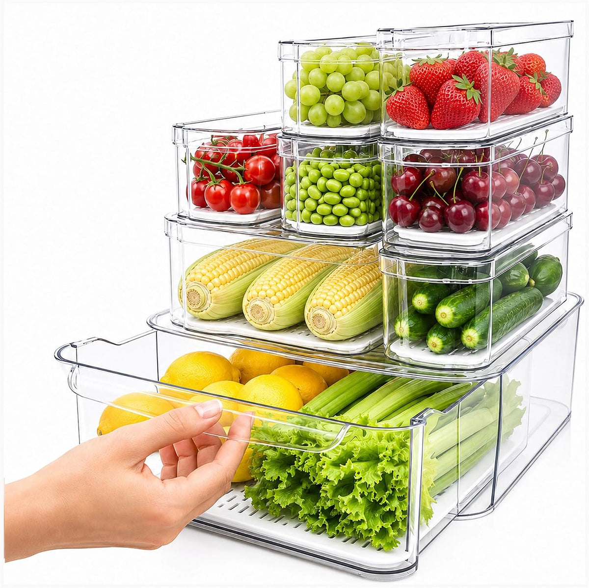 SMRCAD Clear Fridge Bins with Drain Trays - BPA-Free PET, Stackable(8 Pack) | 8 Pack: 1 Drawer + 7 lidded Bins, Helps Keep Produce Fresh, 18.3L Capacity, Hand Wash Only - Field & Nook