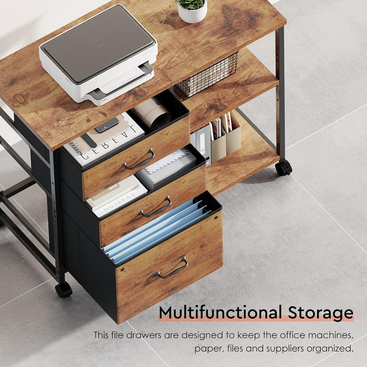 3 Drawer File Cabinet with Wheels with Open Storage Shelf | Rustic Brown2, Rolling Printer Stand Fabric Lateral Filing Cabinet for Home Office - Field & Nook