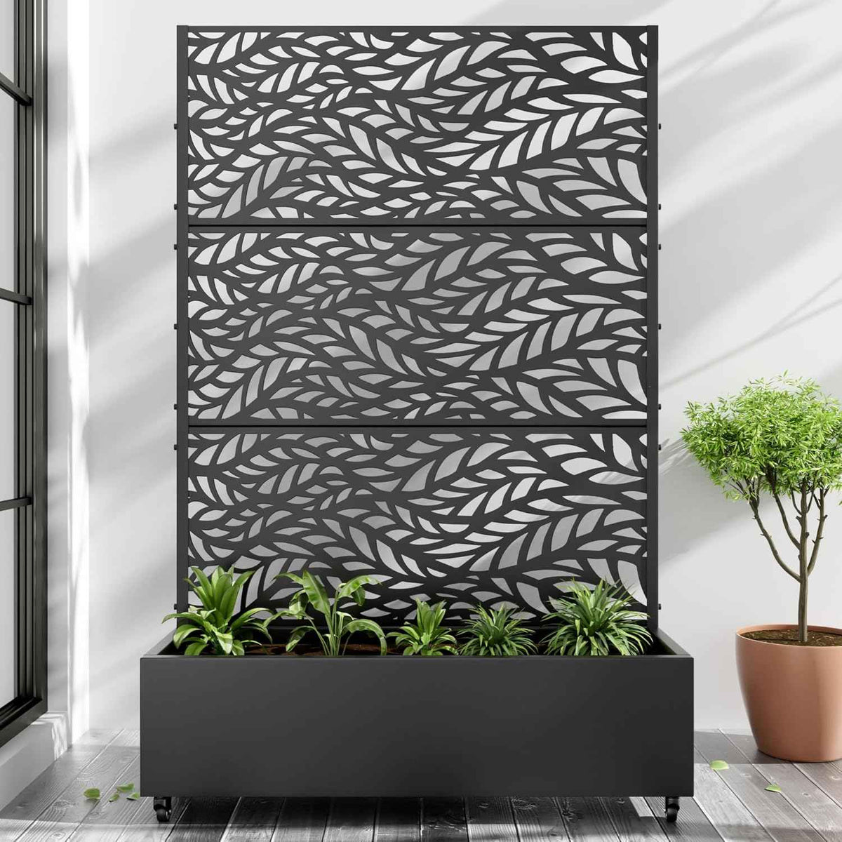 Casaphoria Metal Raised Garden Bed with Trellis and Wheels, 72"x47"x16" Planter Box for Climbing Plants, Vegetables & Vines, Features Drainage Holes and Privacy Screen (Black-Spring)
