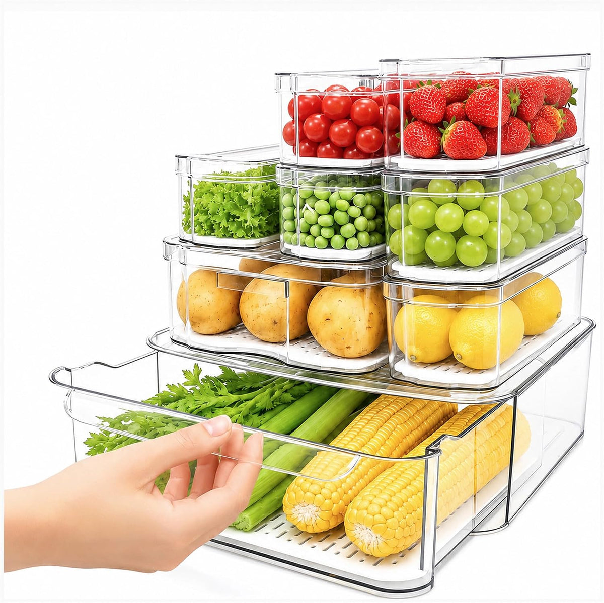 SMRCAD 8 Pack Clear Fridge Organizer Bins with Drain Trays - Stackable | BPA-Free PET, 8 Pack: 1 Drawer + 7 lidded Bins, Helps Keep Produce Fresh, 18.3L Capacity, Hand Wash Only - Field & Nook