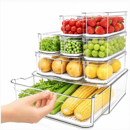 SMRCAD 8 Pack Clear Fridge Organizer Bins with Drain Trays - Stackable | BPA-Free PET, 8 Pack: 1 Drawer + 7 lidded Bins, Helps Keep Produce Fresh, 18.3L Capacity, Hand Wash Only - Field & Nook
