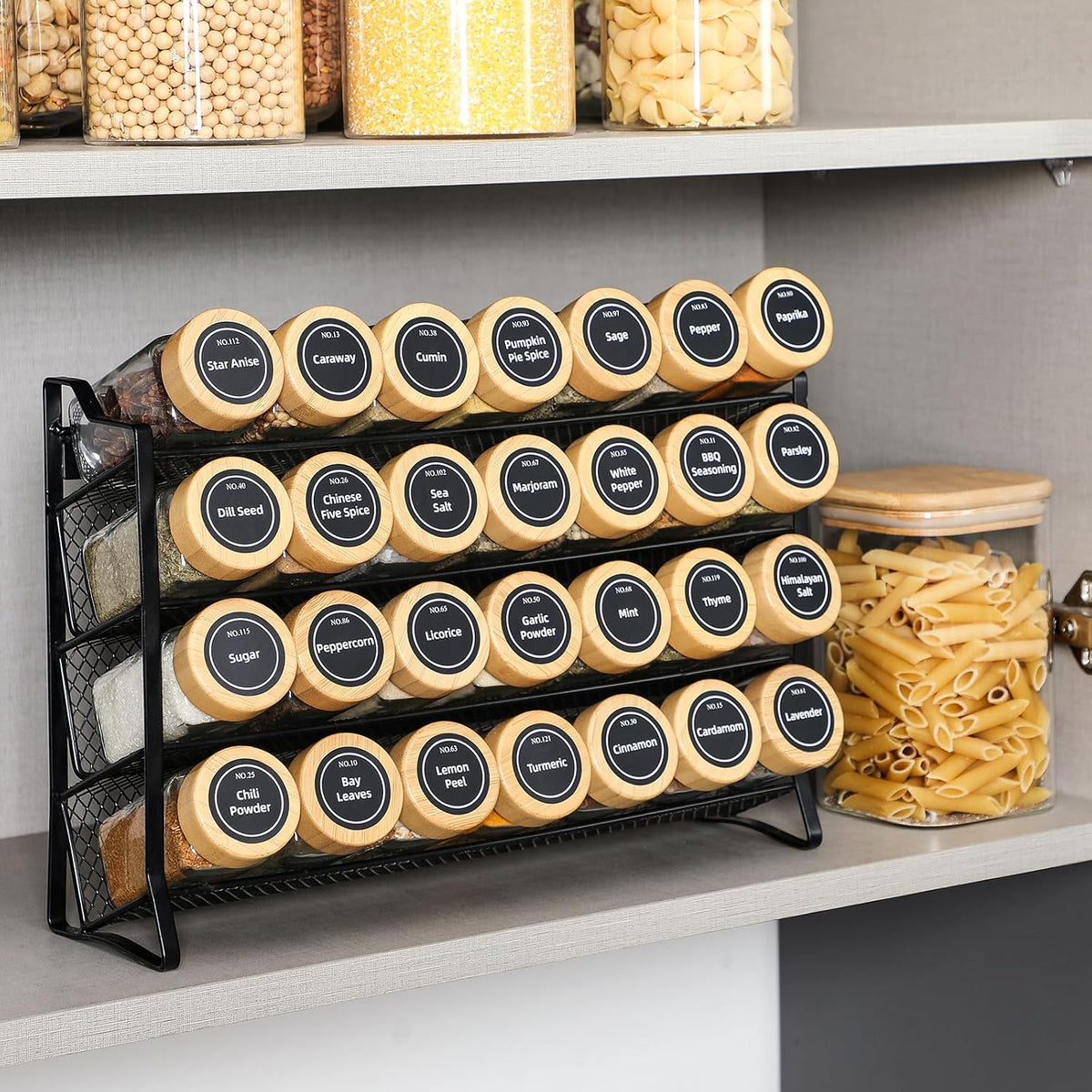 Spice Rack Organizer for Cabinet – 28 Empty Spice Jars with Bamboo lids - Field & Nook