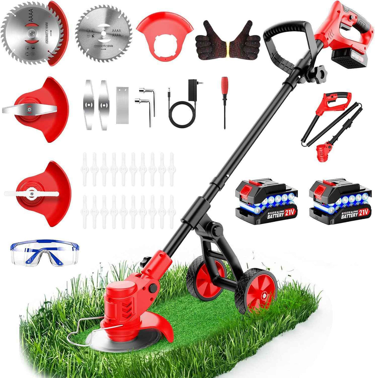 Electric Weed Wacker Cordless, 4000mAh Weed Eater Battery Powered with Wheel, 4 in 1 Grass Trimmer/Heavy Duty Brush Cutter/Lawn Edger/Weed Trimmer, No String Trimmer with Blade, 2 Battery Garden Tool