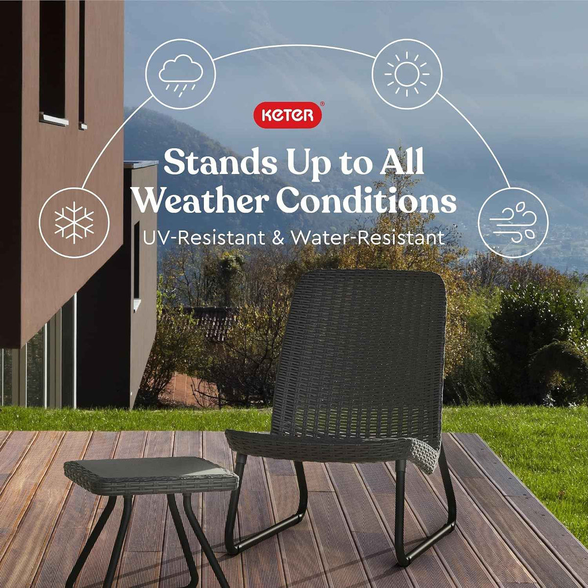 Keter Rio 3 Piece Resin Wicker Patio Furniture Set with Side Table and