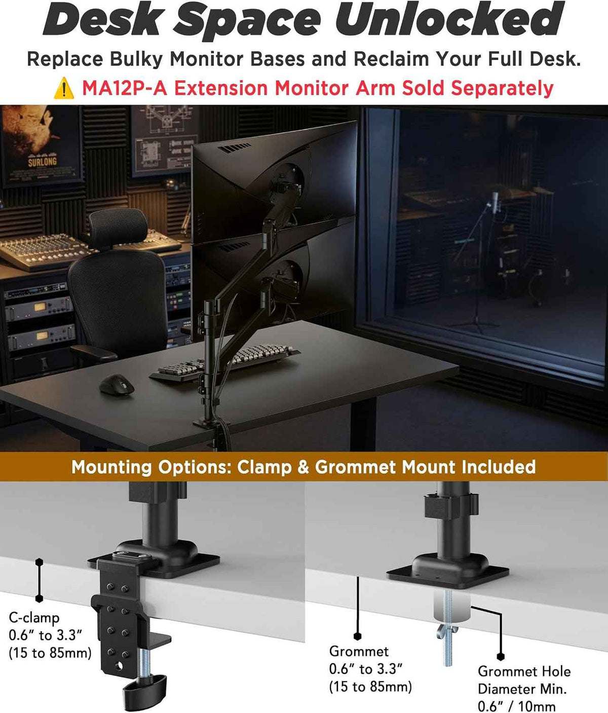 ULTRARM Extra-Tall Heavy-Duty Monitor Arm Mount for 40" Ultrawide Monitors | 33.4" Max Height, 26.4 lb VESA Capacity, C-Clamp & Grommet Mount, Height Adjustable, Long-Reach Ergonomic Arm, Black, MA12P-S