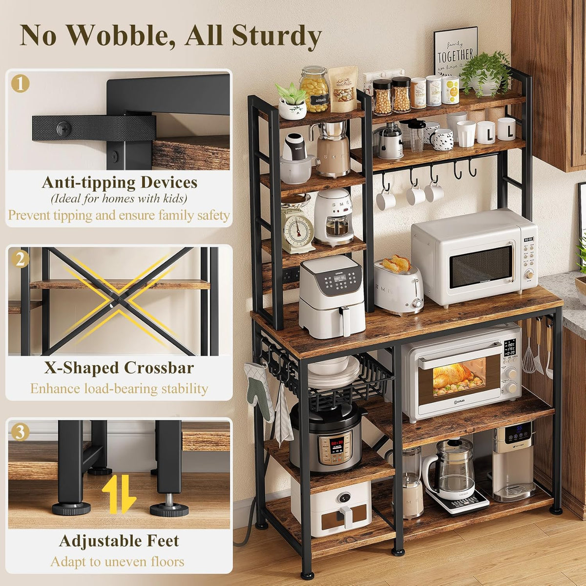 6-Tier Baker's Rack with Power Outlets | Rustic Brown, Metal & Wood, 72" Kitchen Shelf with Pull-Out Basket