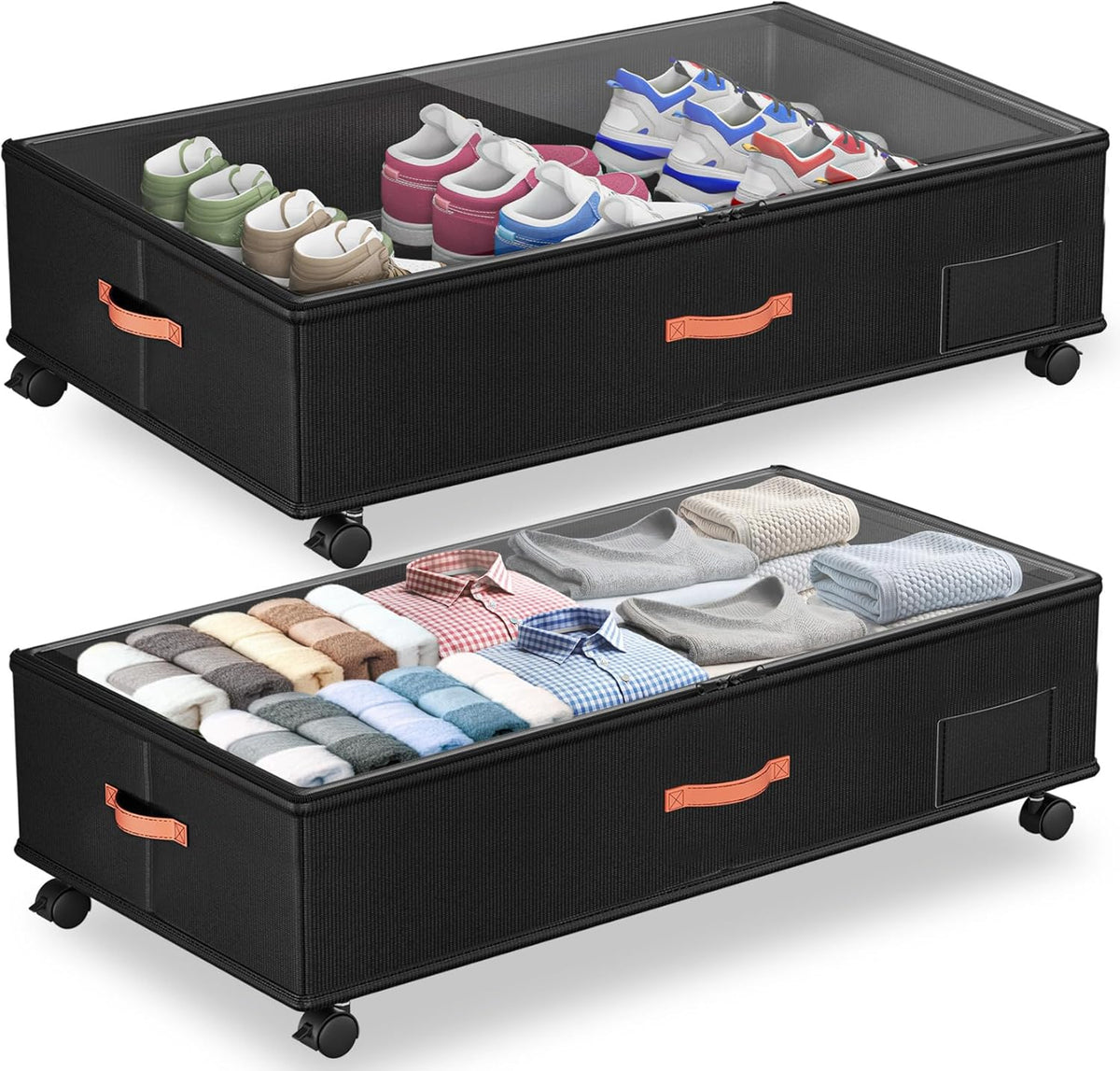 Under Bed Storage with Wheels,2-Pack Under Bed Storage Containers with Clear Lids,XXL Large Under the Bed Storage Organizer Bins With Handles,Space Saving Design for Clothes,Shoes,Books-Black - Field & Nook