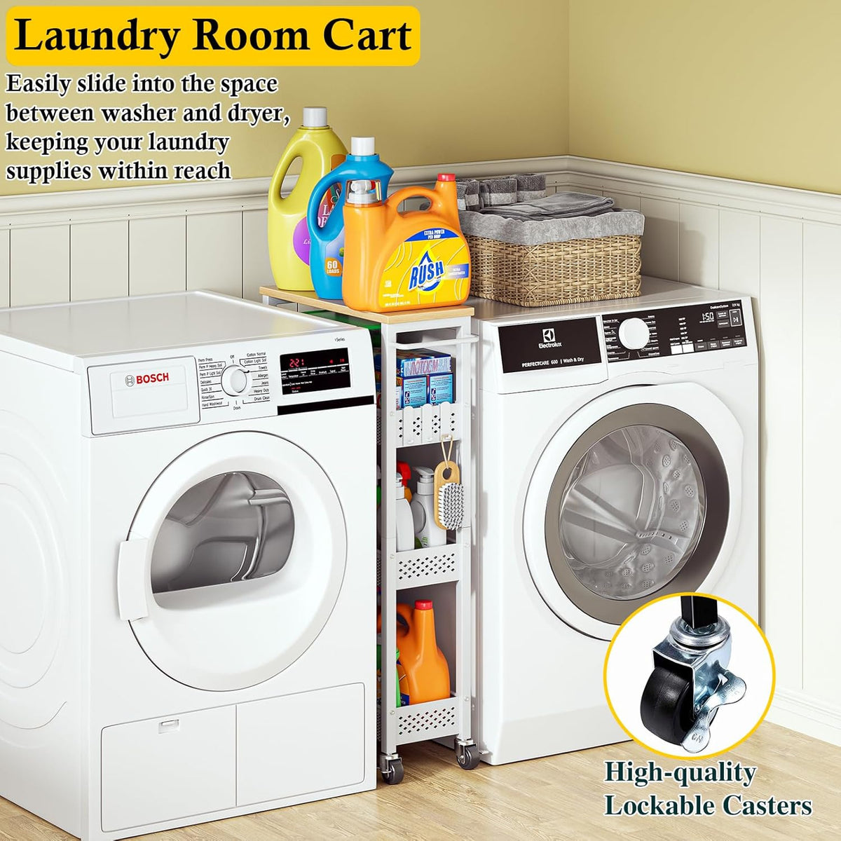 Slim Laundry Room Organization Cart with Upgraded Metal Hub Casters - Field & Nook