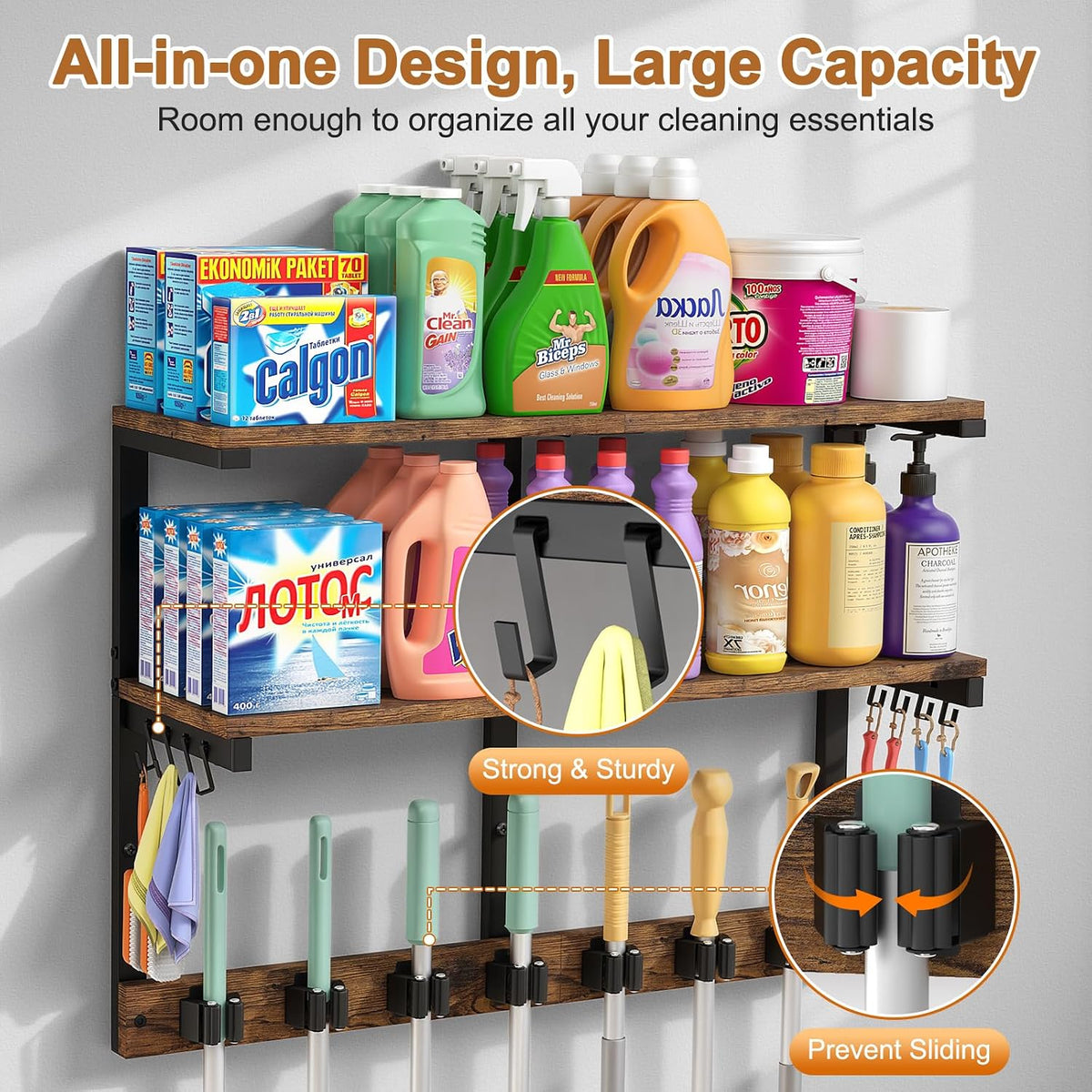 2-Tier Wall-Mount Broom & Cleaning Tool Organizer - Field & Nook