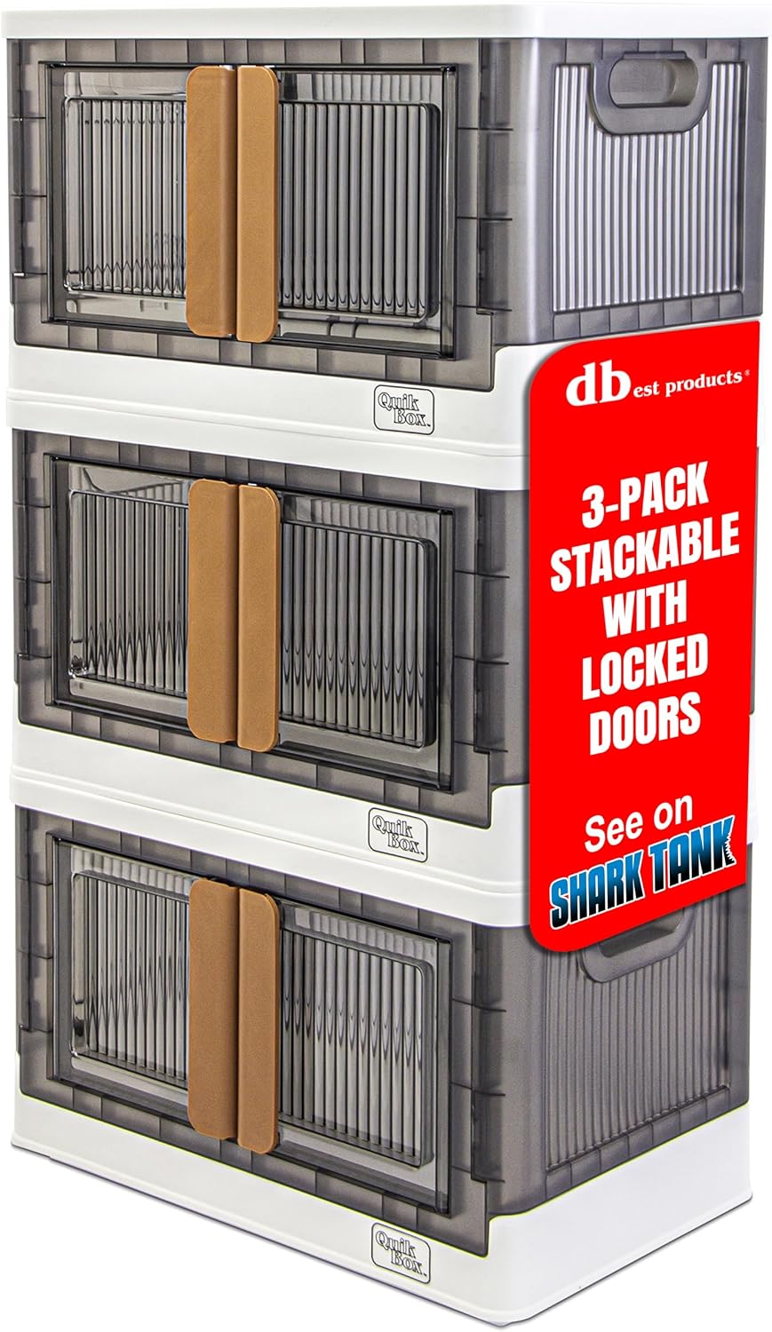 dbest products Quik Box - 8.5 Gallon 3-Pack Stackable Storage Bins with Doors & Wheels - Collapsible Organizer for Dorms, Bedroom & Home - Durable Polystyrene - White - Field & Nook
