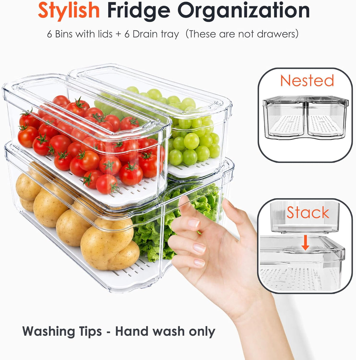 SMRCAD 6 Pack Clear Fridge Organizer Bins with Drain Trays - Stackable | BPA-Free PET, 6 Pack: 6 lidded Bins (Not drawer), Helps Keep Produce Fresh, 14L Capacity, Hand Wash Only - Field & Nook