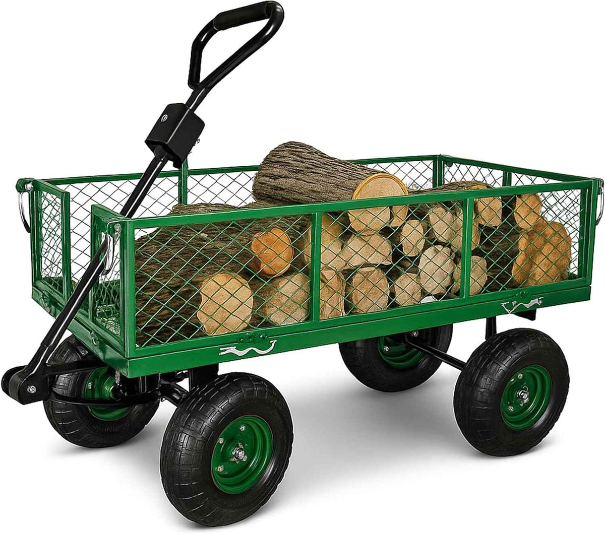 Backyard Expressions Heavy Duty 600 Lbs Capacity Mesh Steel Garden Cart Folding Utility Wagon with Removable Sides and (4) 10 Inch Wheels (Green)