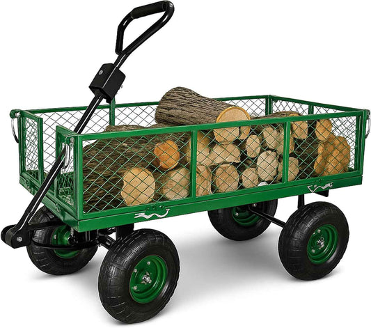 Backyard Expressions Heavy Duty 600 Lbs Capacity Mesh Steel Garden Cart Folding Utility Wagon with Removable Sides and (4) 10 Inch Wheels (Green)