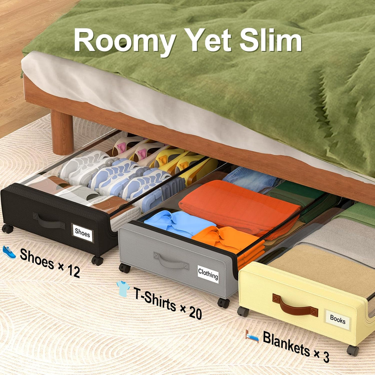 GoMaihe Under Bed Storage with Wheels 48L Grey 2-Pack | Rolling Bins for Shoes Clothes in Dorm Bedroom - Metal Drawers Easy Pull-out - Field & Nook