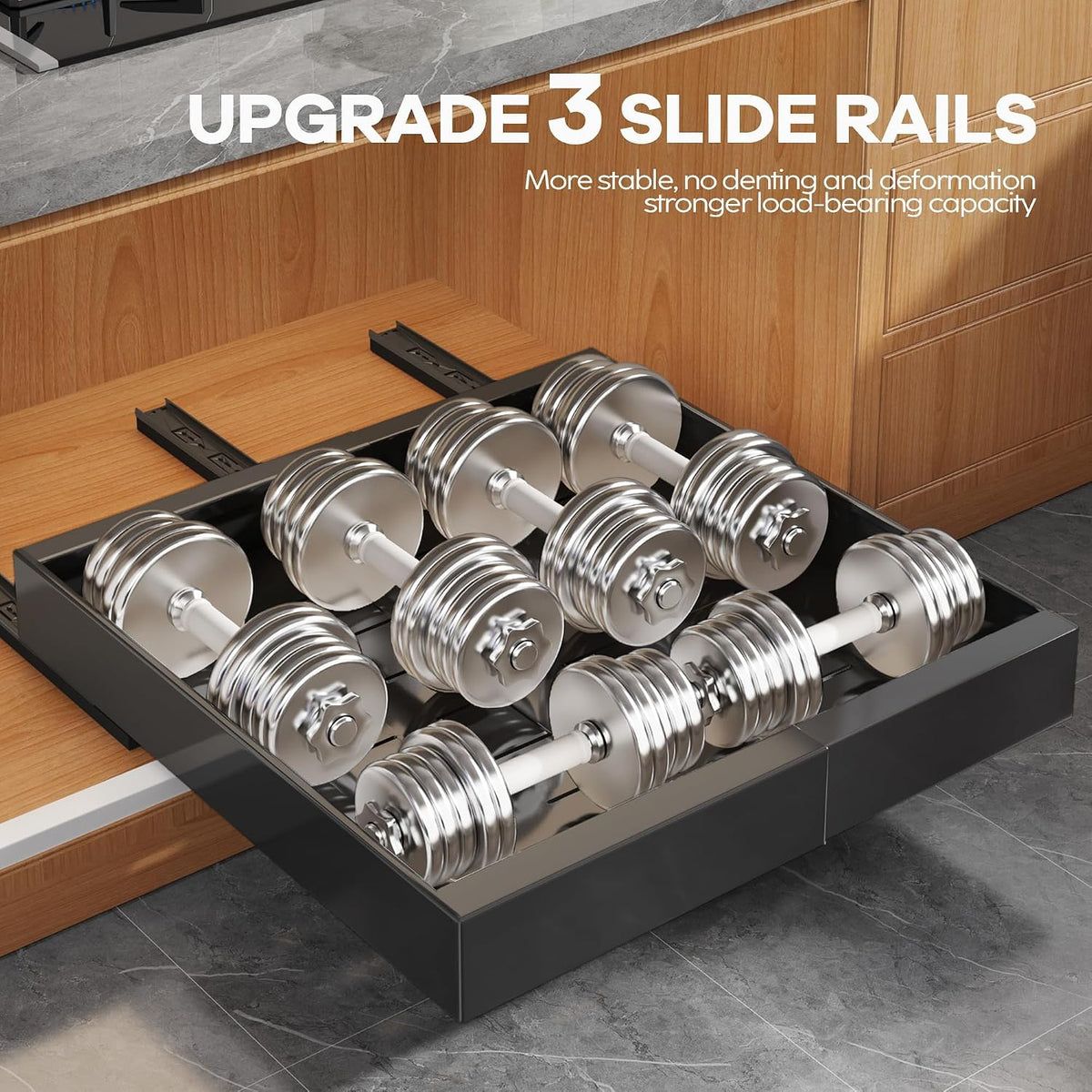 Seinloes 2Pack Expandable Pull Out Cabinet Organizer 21"Deep with Raising Pad for Framed Cabinets, Upgrade 3 Slide Rails Slide Out Drawers, Roll Out Shelves Adhesive,Adjustable Width 12.05"-20.4"Black - Field & Nook