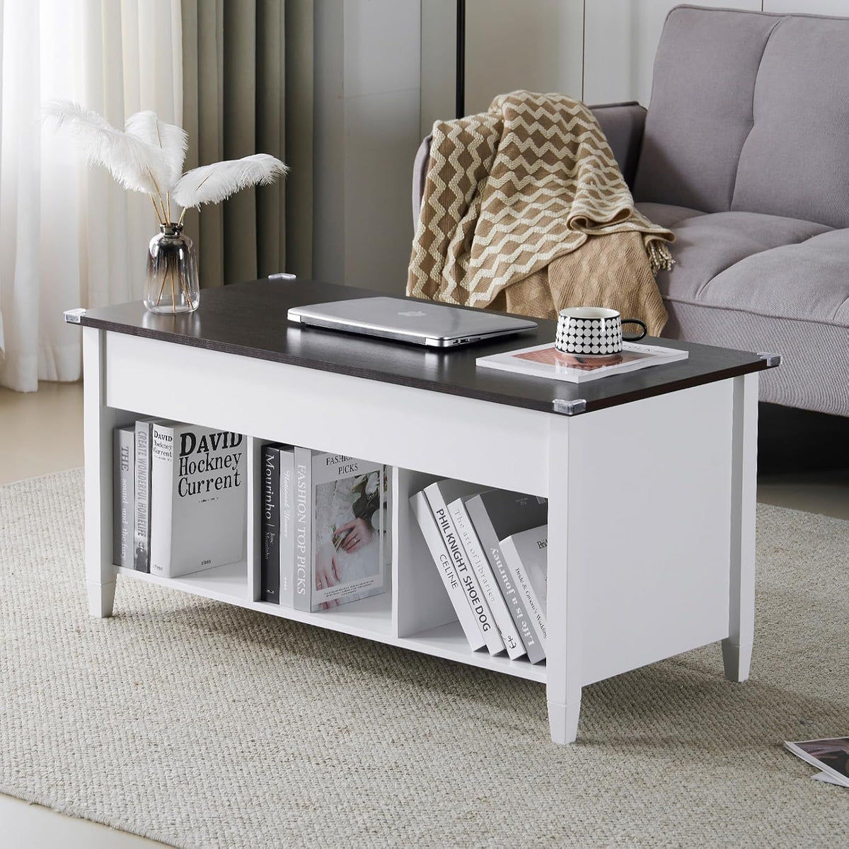 VINGLI 39" Lift Top Coffee Table, White & Dark Brown